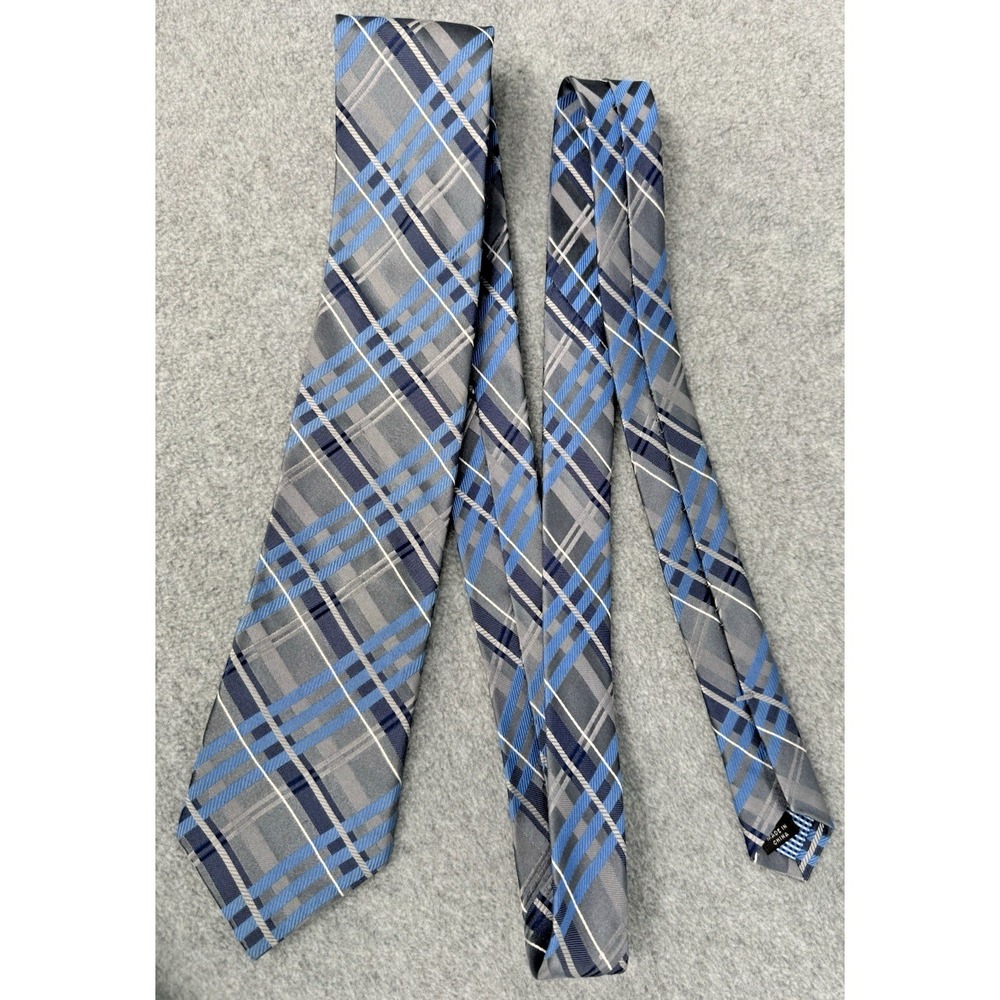 Haspel Silk Tie Blue Gray Plaid Tartan Mens Necktie 100% Silk
